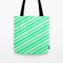 [ Thumbnail: Green and Mint Cream Colored Lines/Stripes Pattern Tote Bag ]
