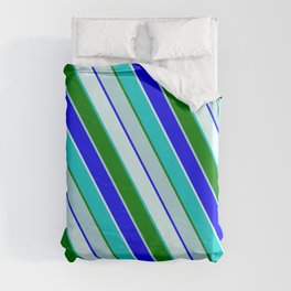 [ Thumbnail: Colorful Green, Powder Blue, Blue, Light Cyan & Dark Turquoise Colored Pattern of Stripes Duvet Cover ]