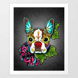 Boston Terrier in Red - Day of the Dead Sugar Skull Dog Art Print