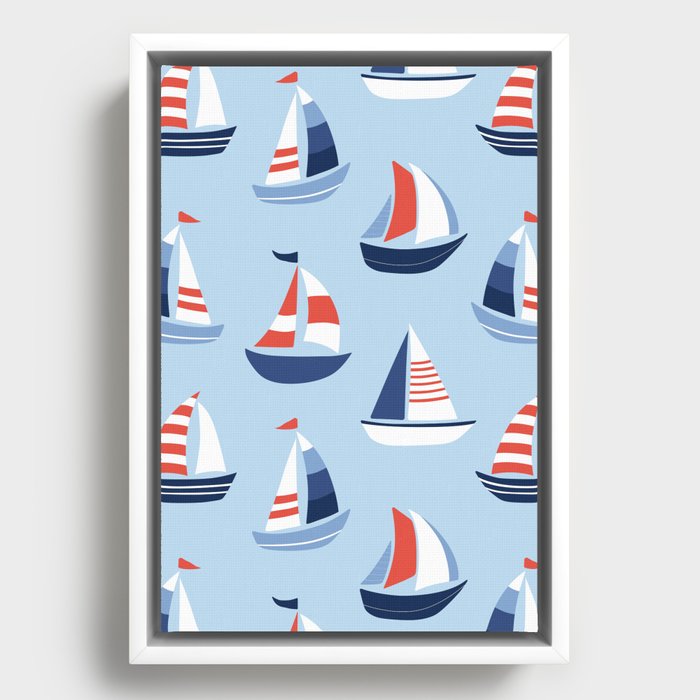Sailboats in the distance - Blue and Orange Framed Canvas