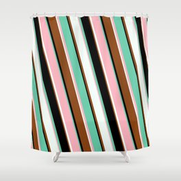 [ Thumbnail: Colorful Aquamarine, Light Pink, Mint Cream, Brown & Black Colored Lined/Striped Pattern Shower Curtain ]