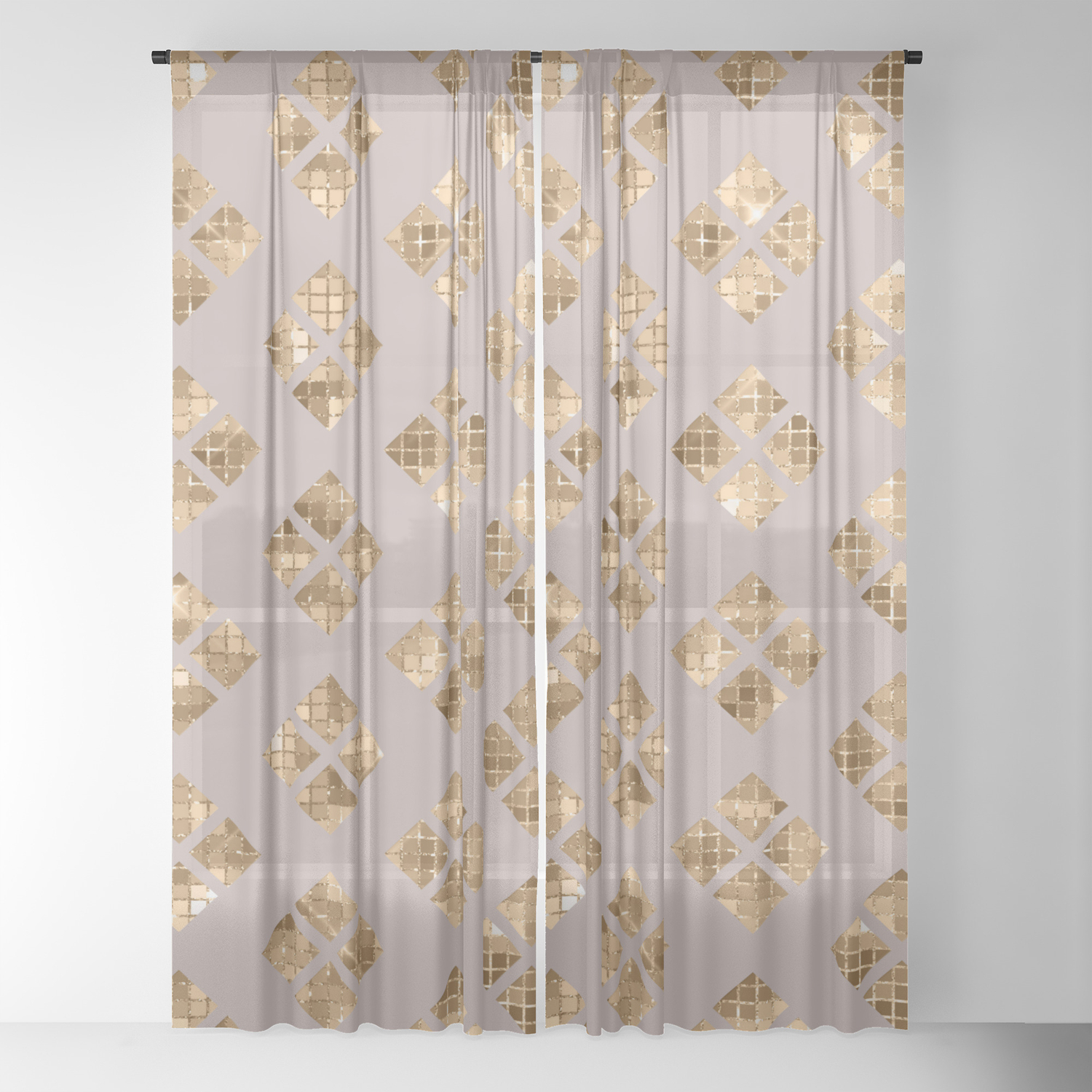 Modern Chic Taupe Gold Sequin Geometric Squares Sheer Curtain By