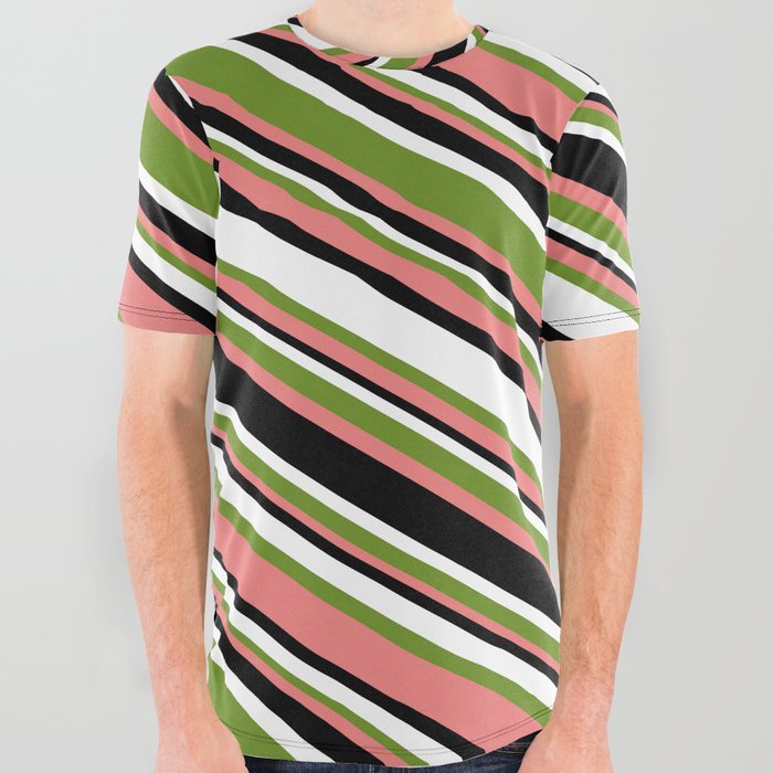 Green, Light Coral, Black & White Colored Lined/Striped Pattern All Over Graphic Tee