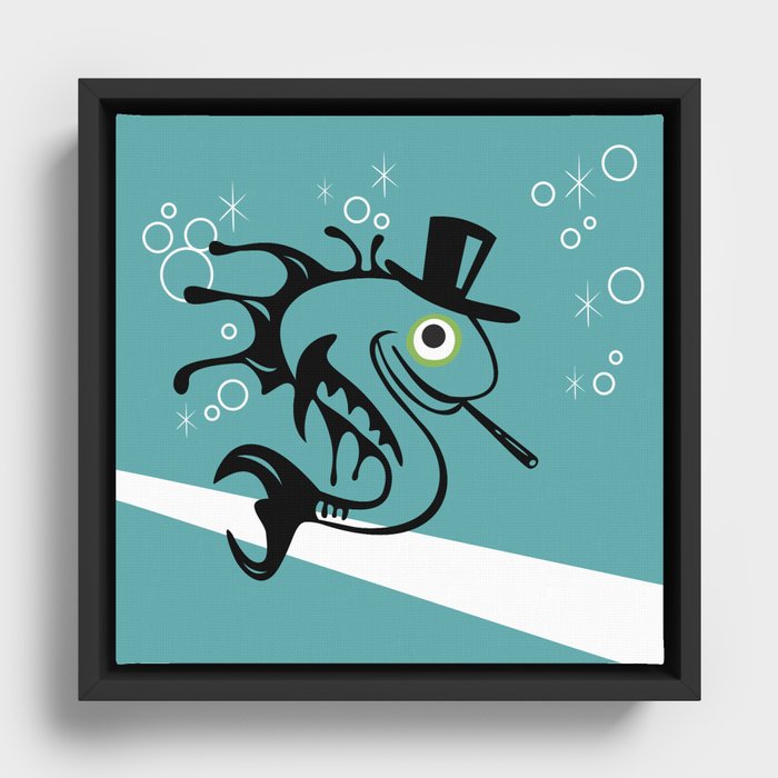 Swank 50s Retro Fish With Top Hat and Cigarette Framed Canvas