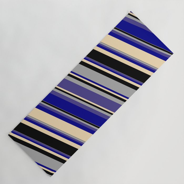 Dark Gray, Dark Slate Blue, Dark Blue, Tan, and Black Colored Striped Pattern Yoga Mat