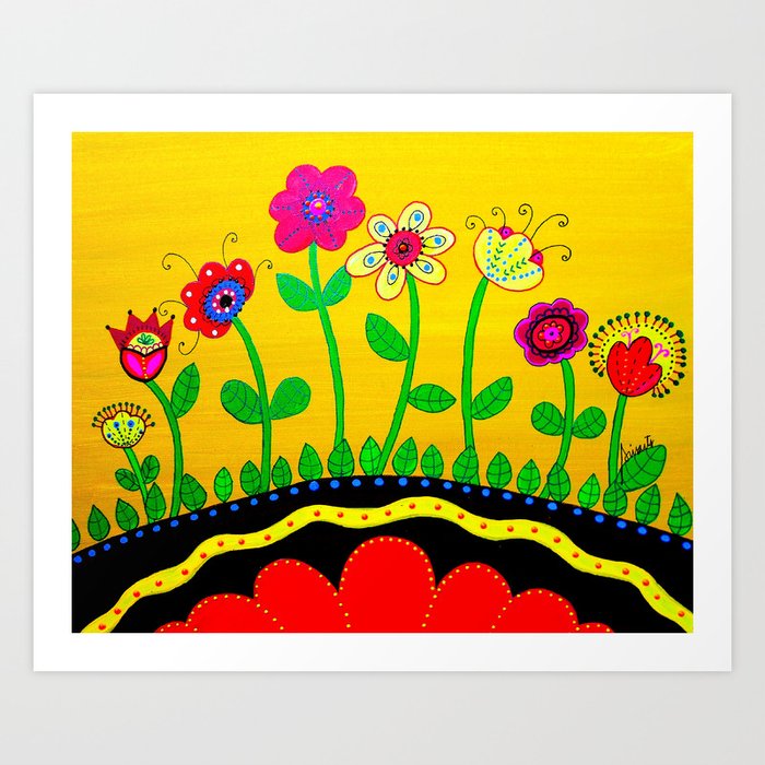 Mexican Folk Art Whimsical Flowers Painting Art Print by Prisarts, Folk Art