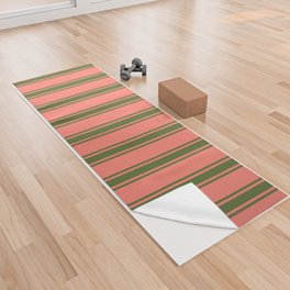 [ Thumbnail: Salmon & Dark Olive Green Colored Stripes Pattern Yoga Towel ]