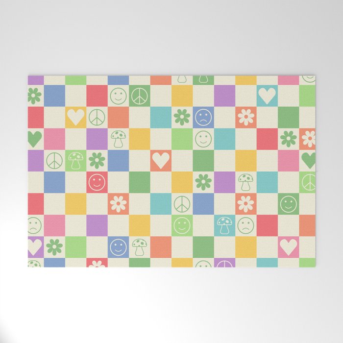 Happy Checkered pattern bright Welcome Mat