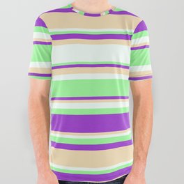[ Thumbnail: Dark Orchid, Tan, Mint Cream, and Green Colored Stripes Pattern All Over Graphic Tee ]