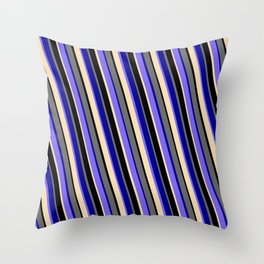 [ Thumbnail: Vibrant Dim Grey, Dark Blue, Medium Slate Blue, Tan & Black Colored Striped Pattern Throw Pillow ]