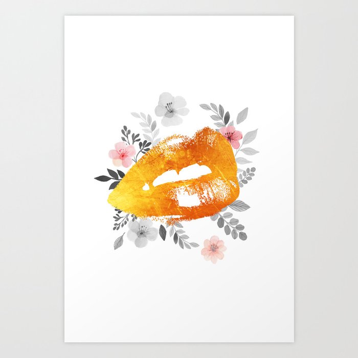 Gold Lips Floral Bohemian Fashion Art Print