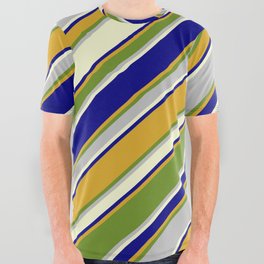 [ Thumbnail: Eyecatching Blue, Goldenrod, Green, Grey & Light Yellow Colored Pattern of Stripes All Over Graphic Tee ]