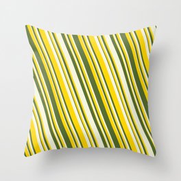 [ Thumbnail: Yellow, Dark Olive Green & Beige Colored Striped Pattern Throw Pillow ]