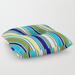 [ Thumbnail: Eyecatching Green, Deep Sky Blue, White, Blue, and Tan Colored Stripes/Lines Pattern Floor Pillow ]