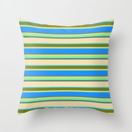 [ Thumbnail: Tan, Light Green, Blue, and Green Colored Lined/Striped Pattern Throw Pillow ]