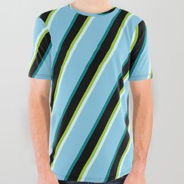 [ Thumbnail: Eye-catching Green, Light Cyan, Sky Blue, Teal & Black Colored Stripes/Lines Pattern All Over Graphic Tee ]