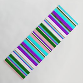 [ Thumbnail: Eye-catching Dark Violet, Cyan, Light Pink, Dark Green, and White Colored Lined Pattern Yoga Mat ]