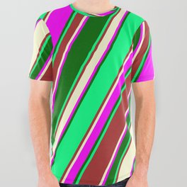 [ Thumbnail: Eyecatching Green, Brown, Light Yellow, Fuchsia, and Dark Green Colored Stripes Pattern All Over Graphic Tee ]