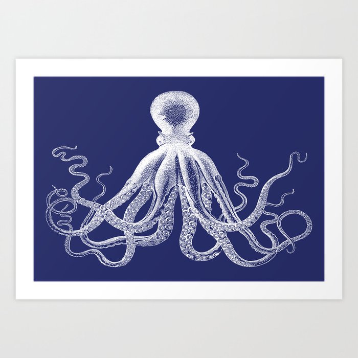 Octopus | Vintage Octopus | Tentacles | Navy Blue and White | Art Print