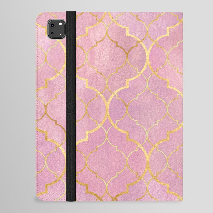 Golden Blush Pink Moroccan Quatrefoil Pattern iPad Folio Case