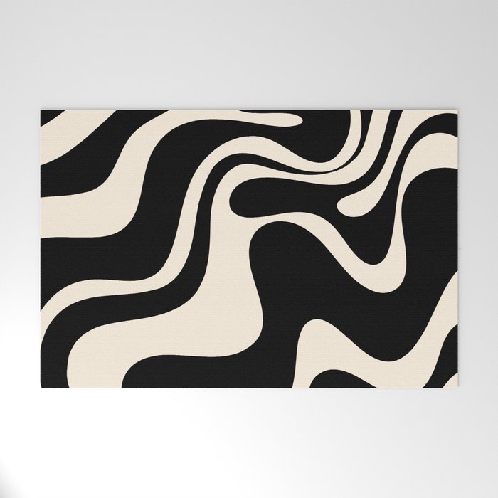 Retro Liquid Swirl Abstract in Black and Almond Cream 2 Welcome Mat