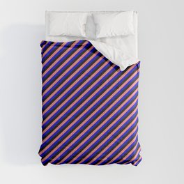 [ Thumbnail: Light Coral, Blue & Black Colored Stripes/Lines Pattern Comforter ]