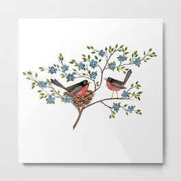 Robins Metal Print | Bird, Spring, Flower, Painting, Nature, Garden, Birds, Flowers, Birdnest, Easter 