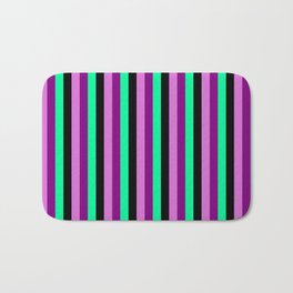 [ Thumbnail: Orchid, Purple, Green, and Black Colored Lined/Striped Pattern Bath Mat ]