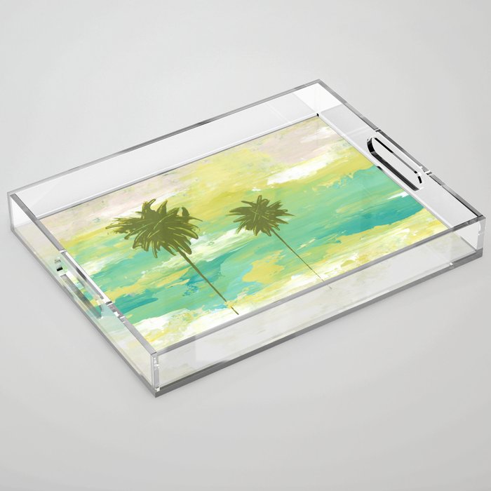 Tropical Palm Tree Design, Turquoise, Green, Yellow Accents Acrylic Tray