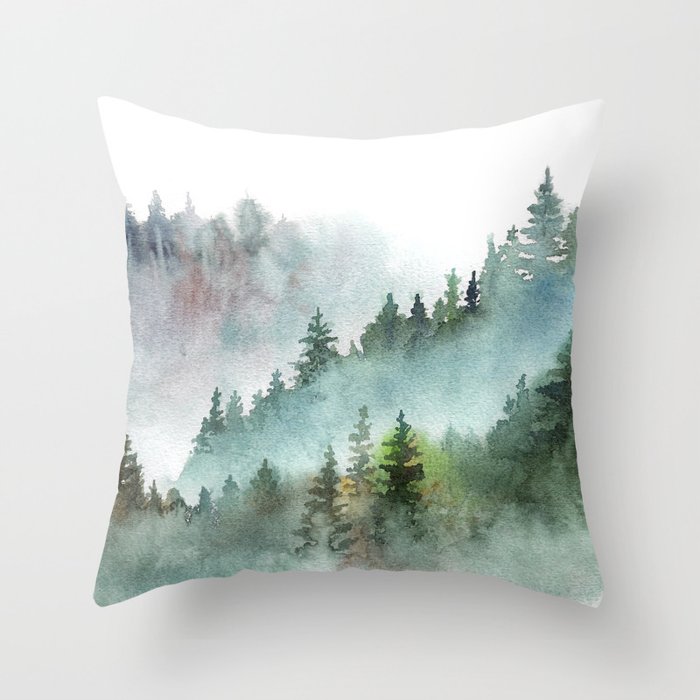 Watercolor Pine Forest Mountains in the Fog Deko-Kissen