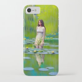 Colorful painting of a girl walking in a lily pond iPhone Case