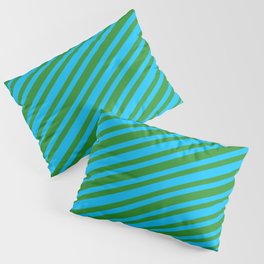 [ Thumbnail: Forest Green and Deep Sky Blue Colored Pattern of Stripes Pillow Sham ]