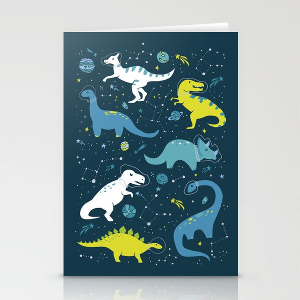 Space Dinosaurs in Bright Green and Blue Stationery Cards