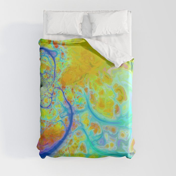 Emerging Galaxies – Abstract Teal & Lime Currents Duvet Cover