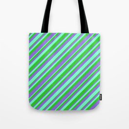 [ Thumbnail: Aquamarine, Lime Green, and Purple Colored Striped/Lined Pattern Tote Bag ]