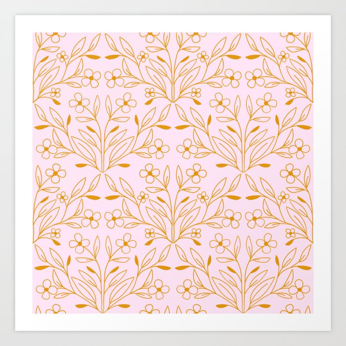 Playful Doodled Blooms Pattern - Pink and Gold Art Print