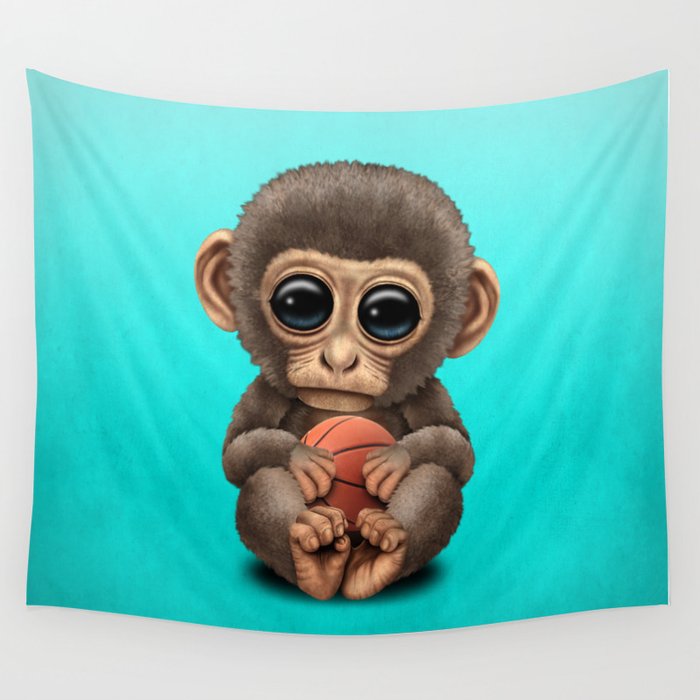 Cute Baby Monkey Playing With Basketball Wall Tapestry By Jeffbartels Society6