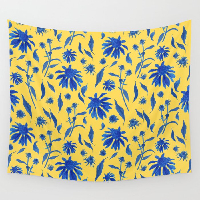 Elegant Blue Yellow Cone Flowers Floral Pattern Wall Tapestry
