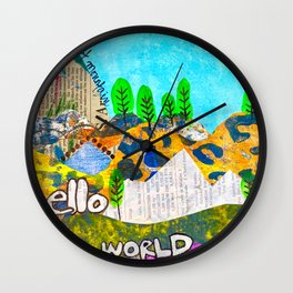 Hello World Wall Clock | Collage, Climbmountain, Mountainclimbing, Trees, Hello, Blue, Nature, Teel, Originalart, World 