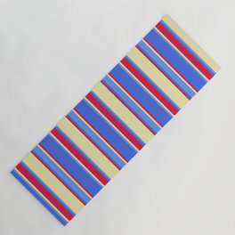 [ Thumbnail: Pale Goldenrod, Cornflower Blue, Royal Blue & Crimson Colored Striped/Lined Pattern Yoga Mat ]
