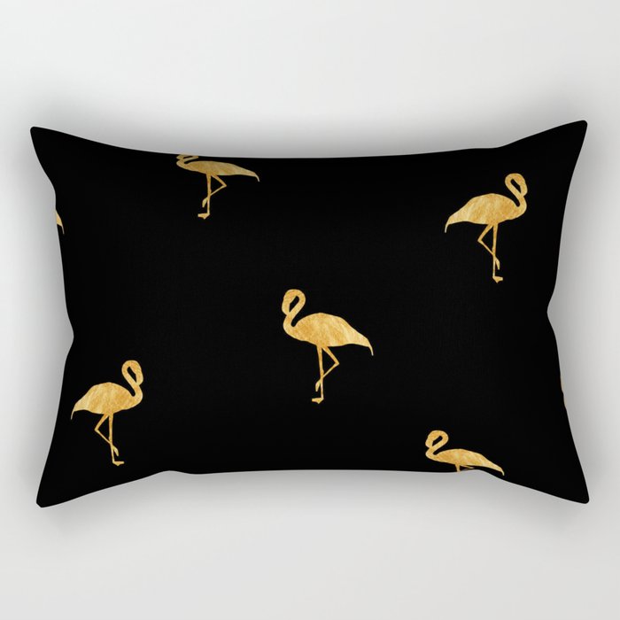 Gold Flamingo Bird on Black Rectangular Pillow