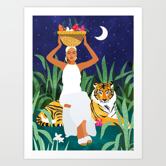 Tiger Camping, Wildlife Wild Jungle Illustration, Modern Bohemian Black Woman, Starry Night Moon Art Print