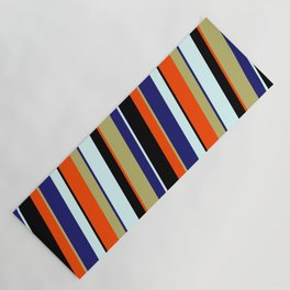[ Thumbnail: Colorful Dark Khaki, Midnight Blue, Light Cyan, Black & Red Colored Lined/Striped Pattern Yoga Mat ]