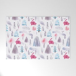 Pink Winter Forest Hop Bunny Watercolor Welcome Mat