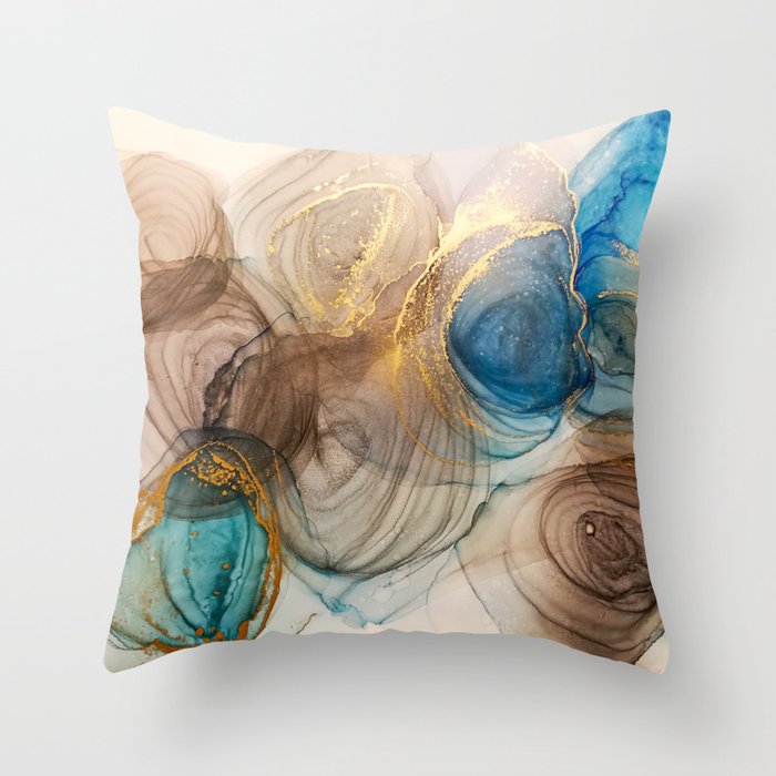 Alcohol Ink Abstract. Bleached Mineral Vintage. Bright Alcohol Ink Texture. Abstract Lines Painting. Waves Marbled. Colorful Oil Water Abstract. Marbled Paper Background. Throw Pillow
