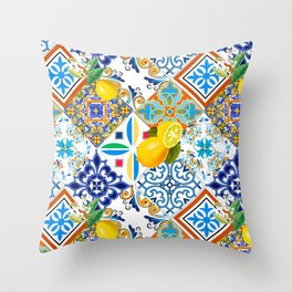 Tiles,mosaic,azulejo,quilt,Portuguese,majolica,lemons,citrus. Throw Pillow