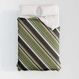 [ Thumbnail: Tan, Dark Olive Green, Mint Cream & Black Colored Stripes Pattern Comforter ]