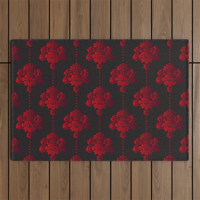 Gothic red black vintage damask Outdoor Rug