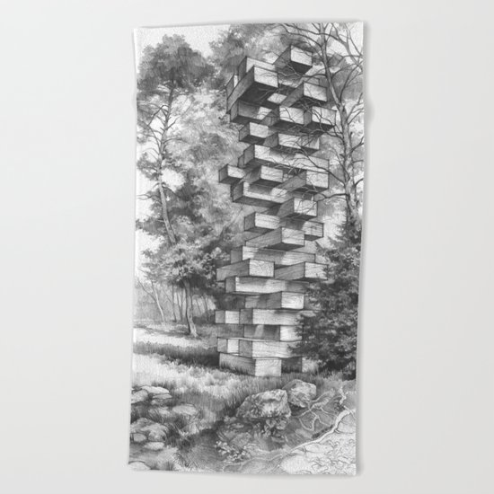 Jenga Tower Surrounded by Trees Beach Towel