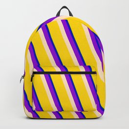 [ Thumbnail: Vibrant Green, Blue, Dark Violet, Bisque & Yellow Colored Striped Pattern Backpack ]